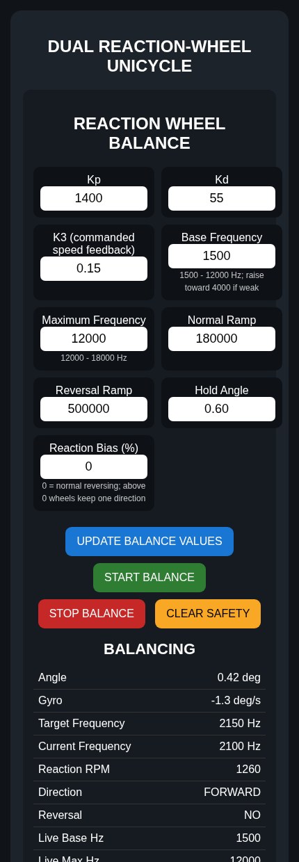 Tuning page on a phone: balance settings and live values
