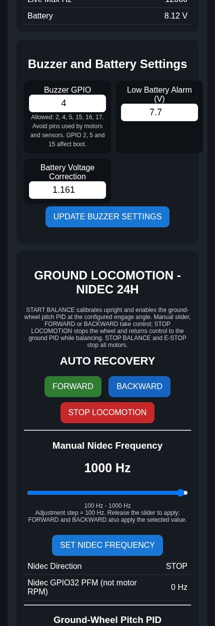 Tuning page on a phone: buzzer, battery and ground wheel controls