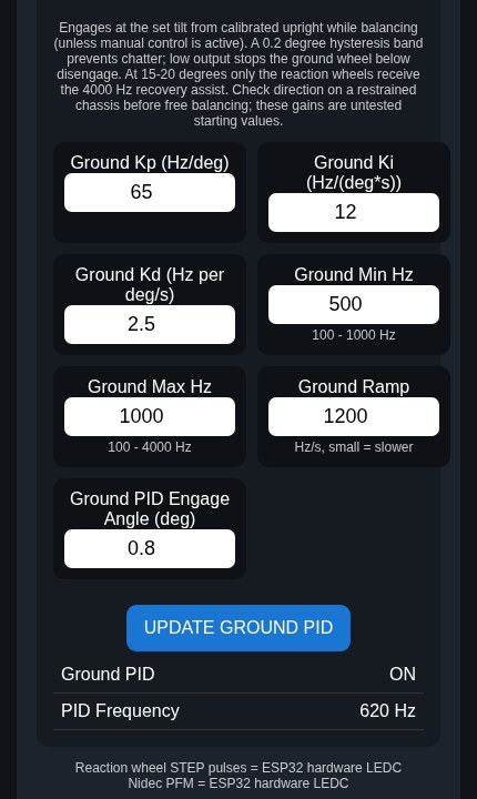 Tuning page on a phone: ground wheel PID settings